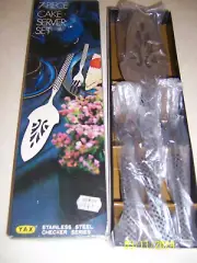 NEW Stainless Steel Checker Series Cake Server Plus 6 Forks Set. In Box - Japan.