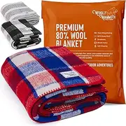 Woolly Mammoth Merino Wool Blanket- 66" x 90" 4 lbs Thick, Outdoor/Indoor Throw for Campfire, Picnic, Beach, Van Life, Home- Farmhouse Collection Heavy Duty Insulating Sleep Plaid, Red White & Blue