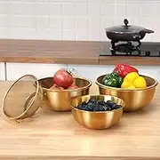 Gold 6 pcs Stainless Steel Colander Set with 1.2Qt, 2Qt & 3Qt Capacity, Strainer with Metal Mixing Bowls for Kitchen Drain Pasta, Rice, Fruit & Vegetable Washing