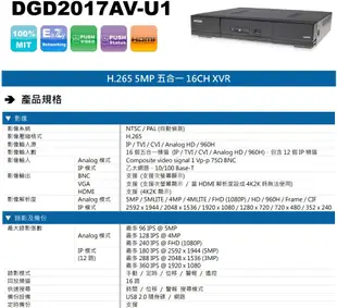 陞泰科技! 台灣製造! DGD2017AV 16路4音 500萬 H265壓縮+TOSHIBA 1TB監控碟!遠端監看!