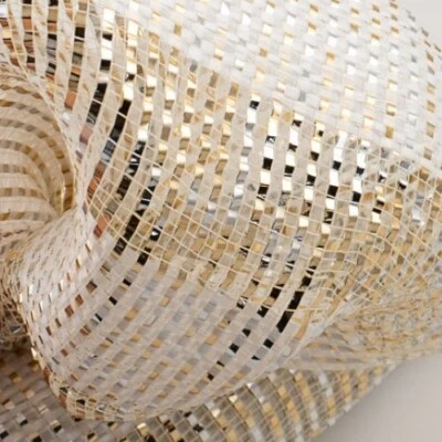 Poly Deco Mesh Deluxe Wide Stripe Gold/Silver/White 10" x 10 Yards