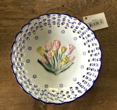 Vtg Delftware Porcelain Blue Handpainted Raised Tulip Reticulated Bowl Dish 7"