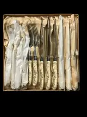 Landers Frary & Clark Celluloid Ivoroid Antique Sterling Band 6 Forks& 6 Knives