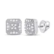 14k White Gold Round Diamond Beaded Square Cluster Earrings 1/4 Cttw