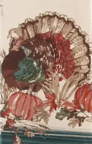Turkeys Among Autumn Leaves & Pumpkins Vinyl Flannel Back Tablecloth 52" Square