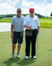 DONALD TRUMP PLAYING GOLF WITH BRETT FARVE IN JULY, 2020 - 8X10 PHOTO (SP589)