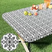misaya Rectangle Vinyl Table Cloth, Elastic Fitted Flannel Backed Tablecloth, 100% Waterproof Plastic Table Cover Fits Folding Tables for Picnic, Camping, Outdoor (Black, 36" x 72")