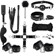 BDSM Premium Leather Bondage Kit 11 Pcs - Adjustable Restraints Set for Couples, Soft Cuffs Collar Wrist Ankle Straps, Bed Restraint System with Safe Lock, Adult Fetish Accessories (Black)​