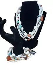 Vintage 5 Strand Genuine Lucite Necklace And Bracelet Set White And Multicolor