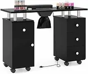Costway Manicure Table Nail Desk w/Electric Dust Collector, 3 Dust Bags, Wrist Rest, Drawers, Movable Nail Tech Desk on 8 Lockable Wheels, Wooden Nail Art Workstation for Spa Beauty Makeup (Black)