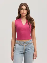 GUESS Eco Pink Surplice Delia Knit Top in Black Size: XL, Viscose Rayon