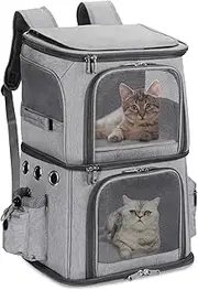 FASNATI Double-Compartment Pet Carrier Backpack, Cat Carrier Backpack for 2 Small Cats, Dogs and Rabbits, Perfect for Traveling/Hiking/Camping, Grey