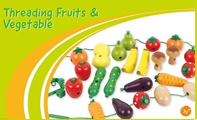 Wooden Fruit and Veg Threading Game Bananas Apples Pears Carrots Tomatoes Toy