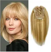 10" Remy Human Hair Toppers with Bangs for Women, 13×12CM Large-area Coverage Hair Toppers with Swiss Lace Base, Clip In Straight Remy Hair Piece