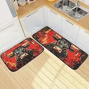 XYMZR Kitchen Mat Bull Red Black for Floor, 2 Piece, Non Slip Washable Kitchen Rugs for Kitchen & Home Decor, Sink, Bathroom 19.7” x 27.6” + 19.7” + 47.2”
