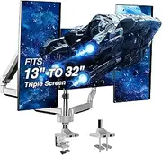 AVLT Triple Monitor Arm Desk Mount for 13"-32" Screens, Gas Spring Full Motion Adjustable Height, Swivel, Tilt, Rotation, VESA/C-Clamp/Grommet Compatible - Silver