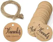 DENSCO Thank for Coming Round Brown Gift Tags with String Kraft Paper Card 5cm Diameter, 100pcs Luggage Tag Labels Craft Price Tags with Free 30 Meter Jute String DIY (Brown)