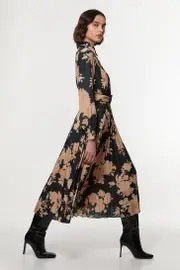 Floral Georgette Pleated Woven Belted Midi Dress