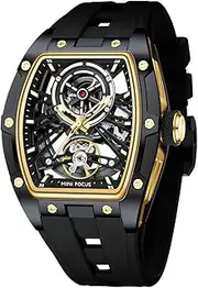 MF MINI FOCUS Unique Men Watches,Automatic Mechanical Watch,Luxury Hollow Tonneau Watches for Men with Stainless Steel Case and Silicon Band (Self-Wind Movement/5ATM Waterproof/Super_Luminous)
