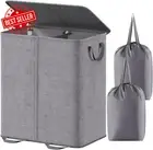 Double Laundry Hamper with Lid, Removable Bags, Collapsible, Grey