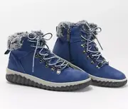 New Muk Luks Walker Suede Faux Fur Lace Up Hiker Boots Memory Foam Navy Sz 11M