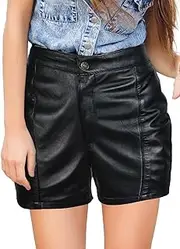 [Fine Motto] Women's High Waist Genuine Leather Sexy Legging Shorts Skinny Mini Shorts