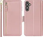 [Cavor] Wallet Case for Samsung Galaxy A15 4G/ A15 5G 6.5'' Case Leather Flip Cover with Zipper Coin Purse Card Slots Photo Holder Kickstand Hand Wristlet Strap Magnetic Shockproof Phone Cases-Rose