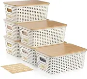 Viphope 5 Quart Plastic Storage Bin with Bamboo Lid, Stackable Decorative Storage Basket Box Containers with Label for Organizing shelves Closet Office Playroom Classroom, White 6 Pack