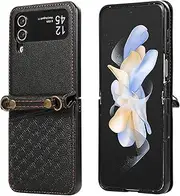 [Asuwish] Phone Case for Samsung Galaxy Z Flip 4 5G 2022 Wallet Cover with Tempered Glass Screen Protector and Wrist Strap Flip Credit Card Holder Slot Stand Cell ZFlip4 Z4 Flip4 4Z Women Men Black