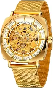 [DAXIAOYU] Fashion Luxury Band Automatic Mechanical Watch for Men Square Skeleton Analog Mesh Steel Clock