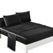 DreamZ Silky Satin Sheets Fitted Flat Bed Sheet Pillowcases Summer Double Black