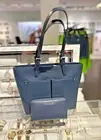 Michael Kors Women MD Double Pocket Tote Bag + MF Flat Phone Case Wallet (Navy)