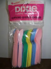 VNTG Dixie Plastic Tableware SPOONS FORKS KNIVES 24 pc Pastels Utensils USA NEW