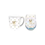 LMD Glass 80th Sweet Heart Mug & Stemless Set Drinkware/Glassware 400ml/520ml