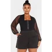 Plus Black Eyelet Detail Mesh Sleeve Bodysuit, Black