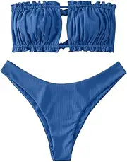 [ZAFUL] Women's Strapless Bikini Ribbed Tie Back Ruffle Cutout Bandeau Bikini Set Swimsuit