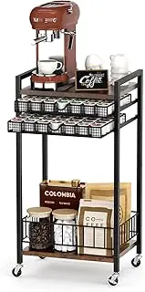 Miratino Coffee Bar Stand Station Cart With Pod Holder Drawer for 84 Pods Storage, Wheeled Cart, Stylish Home or Office Bar Station Organizer, Rustic Brown