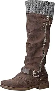 [JEUROT] Knee High Boots for Women,Round Toe Low Heel Tall Long Boots Sweater Ruched Knit Cuff Buckle Riding Boot with Side Zip