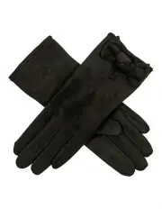 [Dents] Velour-Lined Faux Suede Gloves With Trim And Bow in Black