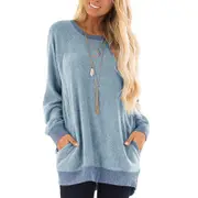 Womens Casual Color Block Long Sleeve Round Neck Pocket T Shirts Blouses Sweatshirts Tops- Light Blue