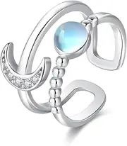 [Twoowl] Moon Ring 925 Sterling Silver Moonstone Ring Adjustable Open Rings Moon Moonstone Jewelry Gifts Engagement Anniversary Birthday for Women, Metal, Moonstone