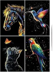 Art Scratch Paper | Luminous Set of 4 Handmade Scratch Painting Cards - Graffiti Cards Toys, Creative Coloring Drawing Craft, Landscape and Animal Art for Men Women