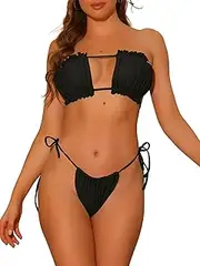 [Elerevyo] Women's Ruffle Pleated Push Up Bikini Sets, 2 Piece High Cut Tie Side String Bikini Swimsuits