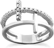 [JewelryWeb] Rhod. P. 925 Sterling Silver CZ Simulated Diamond Double Religious Faith Cross Ring Band Style-Ring for Women