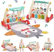 CUTE STONE Baby Gym Play Mat & Baby Learning Walker, Baby Activity Mat with Play Piano, Musical Activity Center with Lights, Baby Push Walkers & Tummy Time Mat for Infant Newborn Toddlers