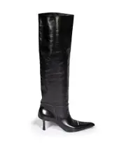 Black Leather Logo Pointed Toe Boots