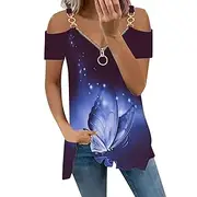 [Generic] Womens Casual Short Sleeve V Neck Zipper Up Tie Dye Patterns T Shirt Top Sexy Off Shoulder Tunic Blouse Sparkly Blouses Women