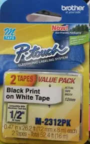 Brother P-Touch M-2312PK Standard Non-Laminated Tape, Black on White, 2 Pack