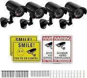 4 Packs Fake Security Camera with No Trespassing Signs Smile You're On Camera Warning Signs and Screws, Dummy Cameras with Realistic LED Red Flashing Light for Outdoor Yard& Indoor Use Set Of 8