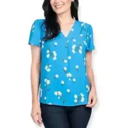 Hilary Radley Women’s V-Neck Blouse ,Blue & White Floral, XL